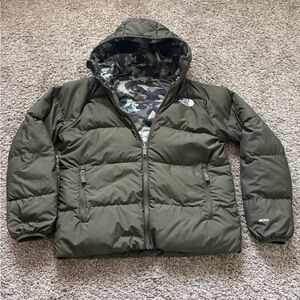 The North Face Down Hooded Reversible Jacket Taupe Green/Camo Boys XL